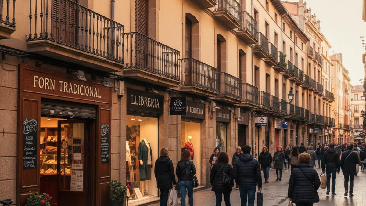 Imagen genérica de un eje comercial de barrio con tiendas de proximidad.