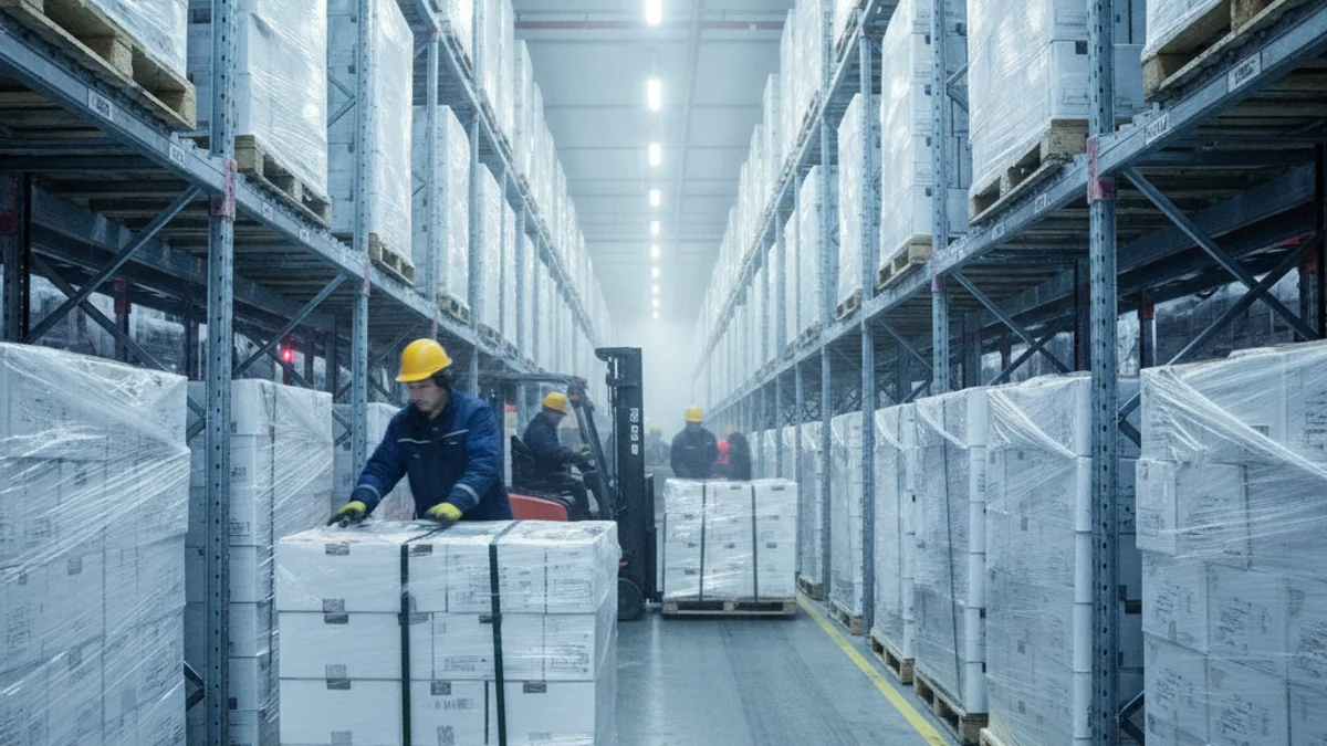 Imagen genérica de un centro logístico o almacén de carne de caza, con cajas o palets.