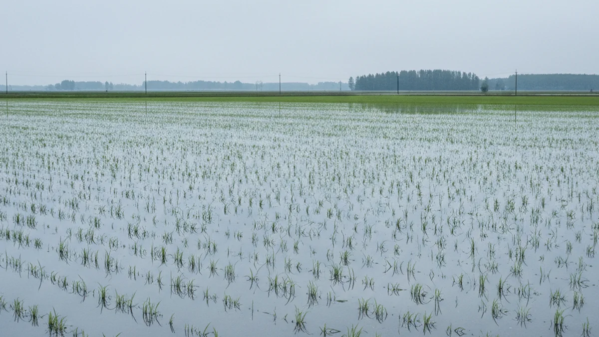 Campos de cereal inundados por el agua de lluvia en invierno.