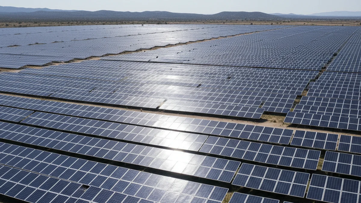 Paneles solares en un parque fotovoltaico con luz solar intensa, simbolizando la sobreproducción de energía.