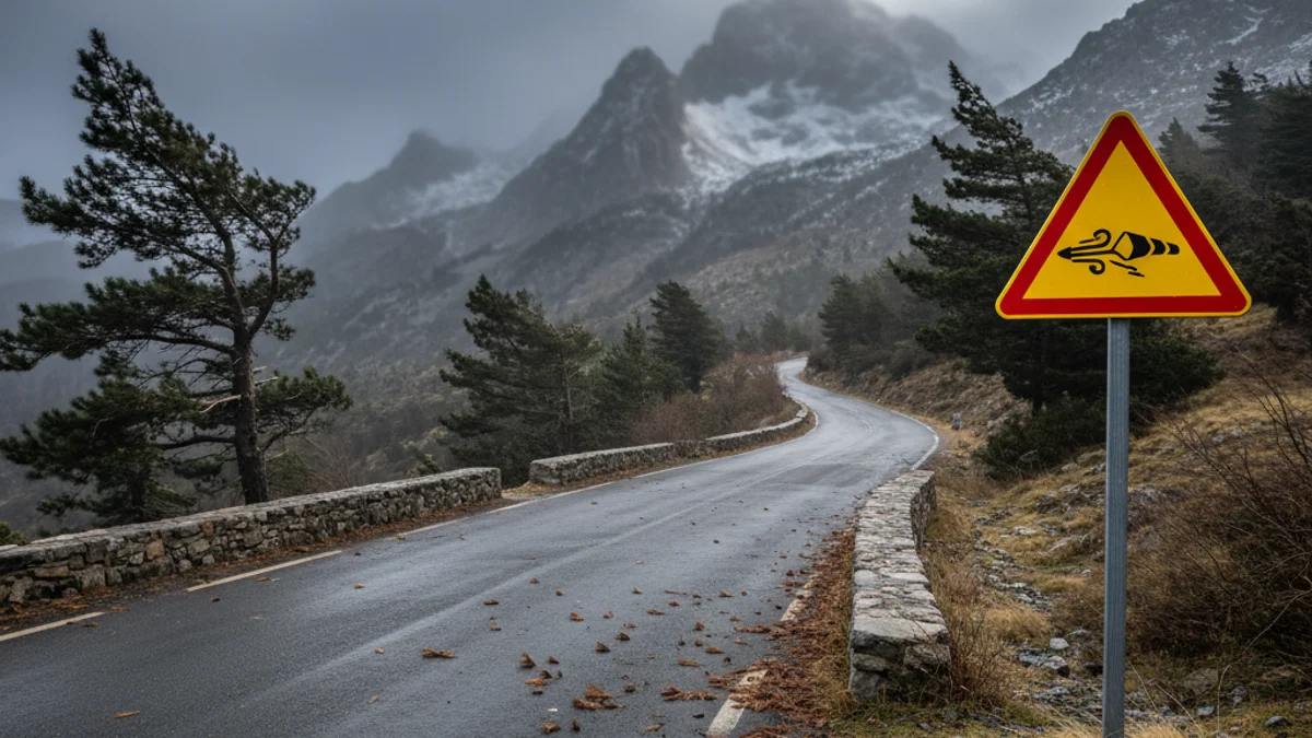 Imagen de una carretera de montaña con señales de viento y nieve en un entorno pirenaico.