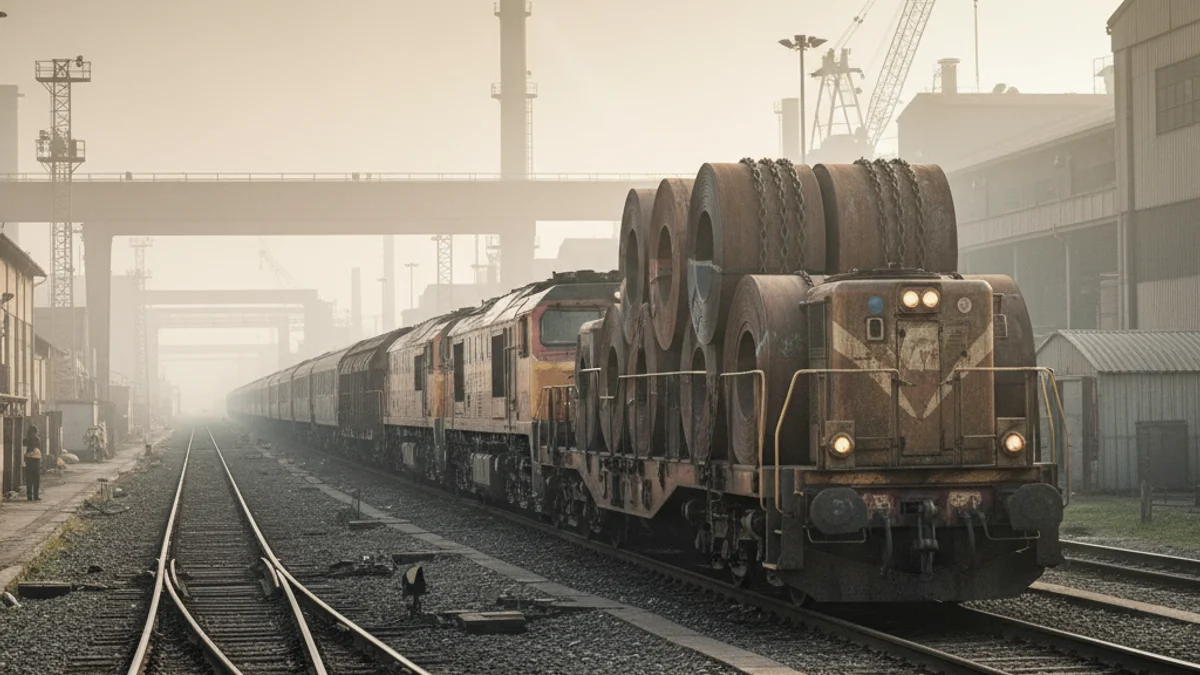 Imagen genérica de un tren de mercancías transportando bobinas de acero por una vía industrial.