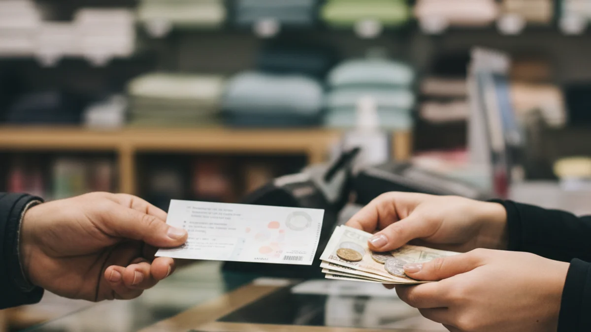 Imagen genérica de manos intercambiando dinero o vales en el mostrador de una tienda.