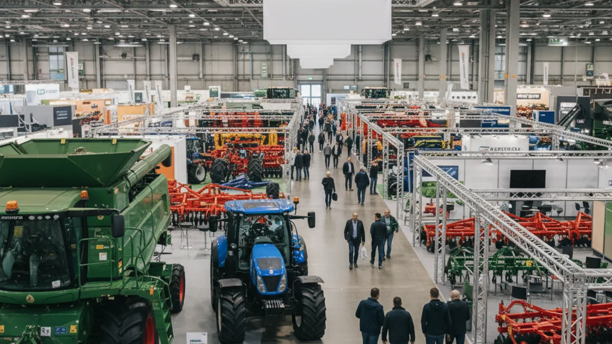 Vista general de un pabellón ferial con maquinaria agrícola y estands de exposición.