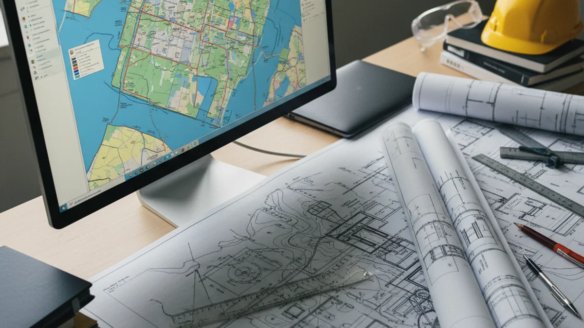 Representación de un entorno de oficina técnica con planos, mapas digitales y herramientas de ingeniería.