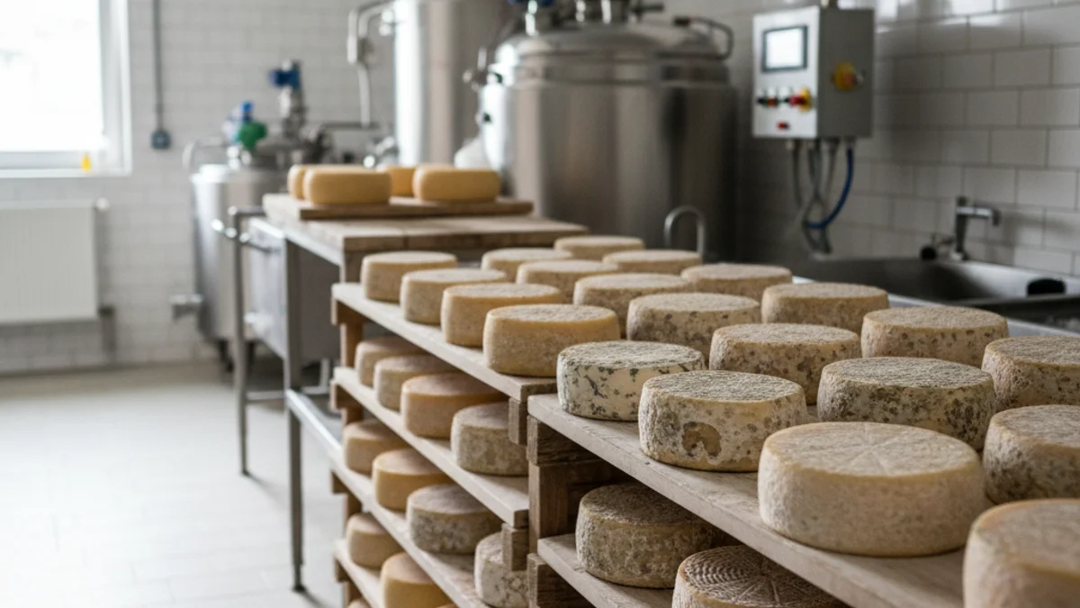 Imagen genérica de varios quesos artesanos reposando en un obrador moderno.