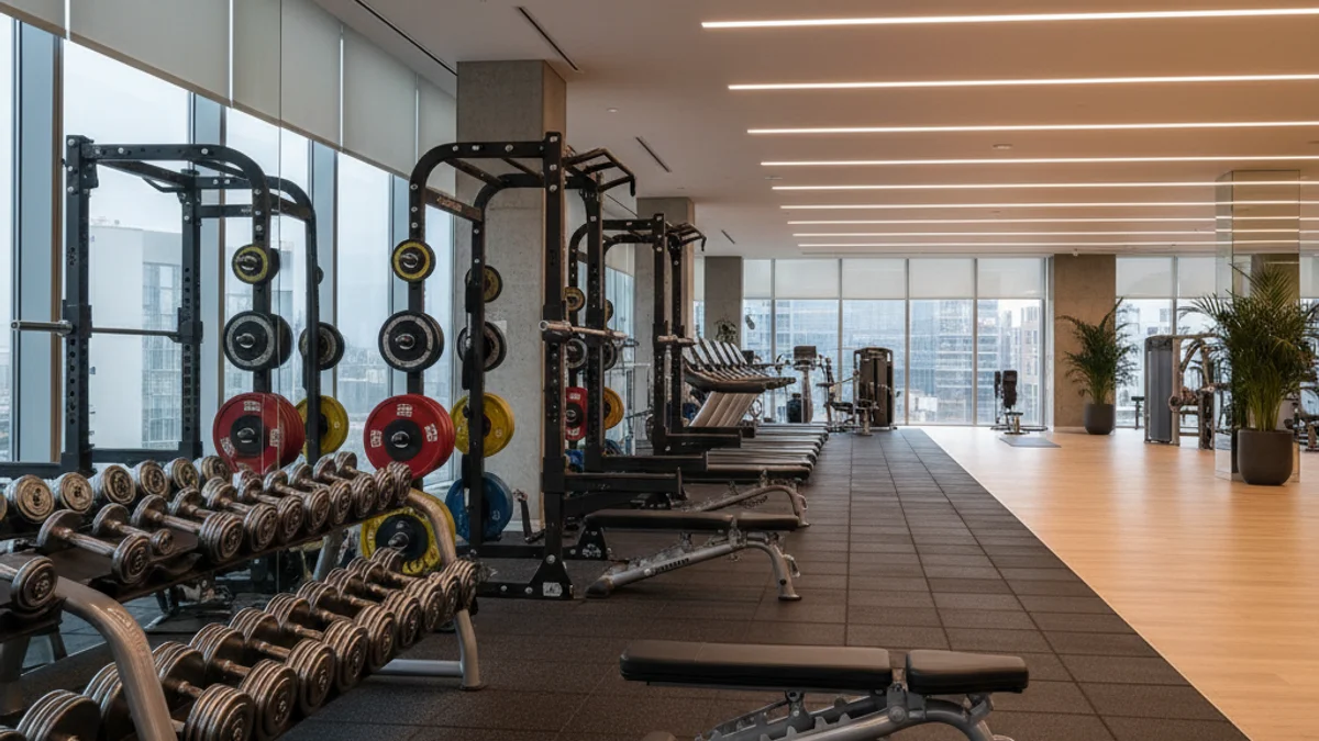 Imagen genérica del interior de un gimnasio moderno con zona de peso libre y máquinas de musculación.