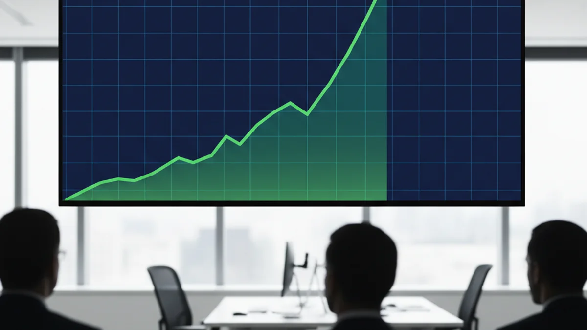 Imagen genérica de una bolsa de valores o de un edificio corporativo bancario, con gráficos financieros de fondo.