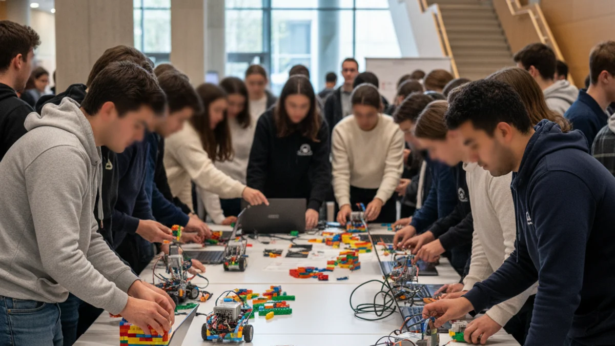 Imagen genérica de jóvenes estudiantes compitiendo con pequeños robots programables en un campus universitario.