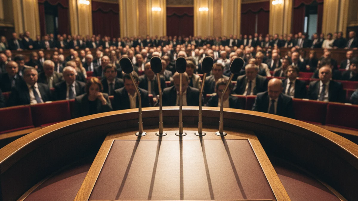 Imagen genérica de un atril con micrófonos durante un acto empresarial.