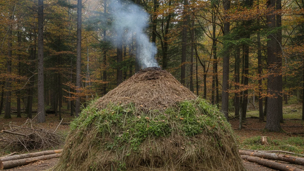 Imagen genérica de una pila de leña o de una carbonera tradicional humeando en un entorno forestal.