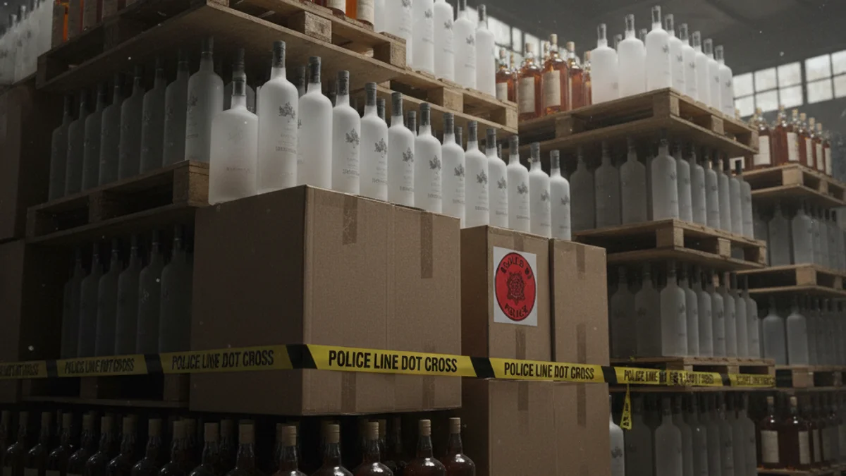 Botellas de licor de varias marcas apiladas en un almacén o estanterías, con una cinta de precinto policial.