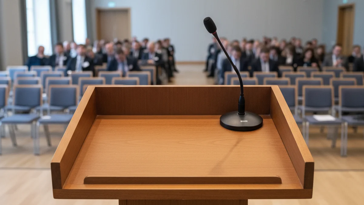 Imagen de un auditorio durante una conferencia económica con un atril y público sentado.