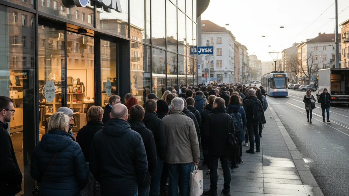 Imagen genérica del exterior de una tienda de muebles con gente esperando en la entrada.