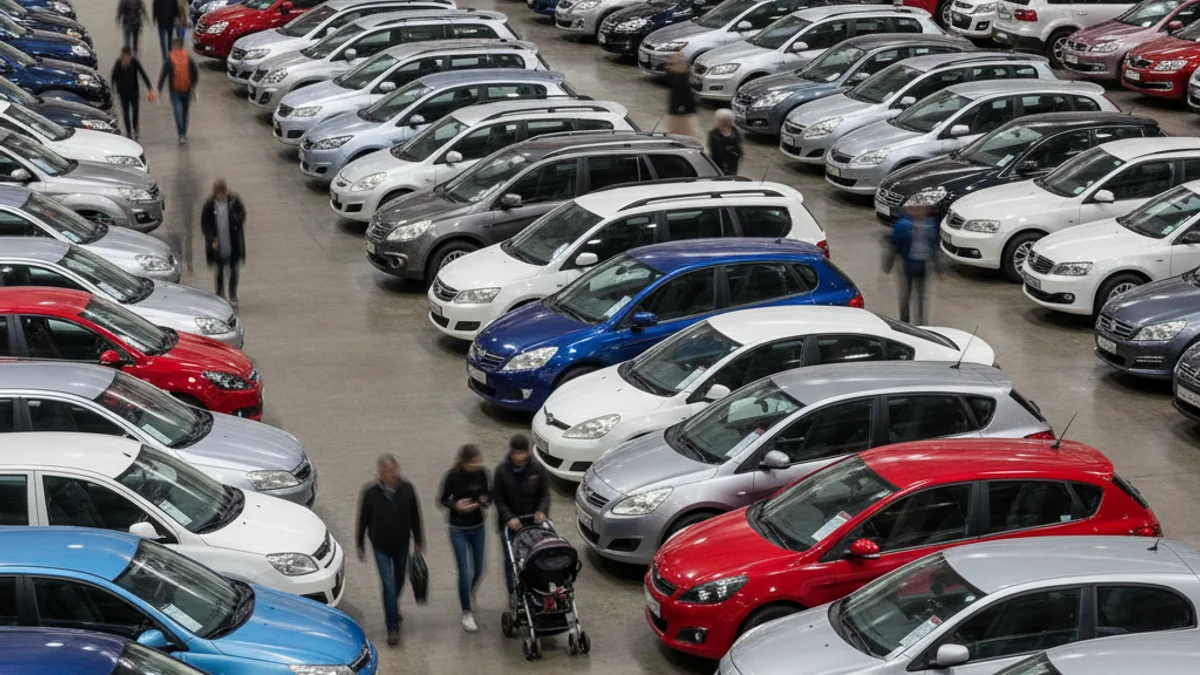 Vista general de un recinto ferial con vehículos de ocasión expuestos en un gran espacio interior.