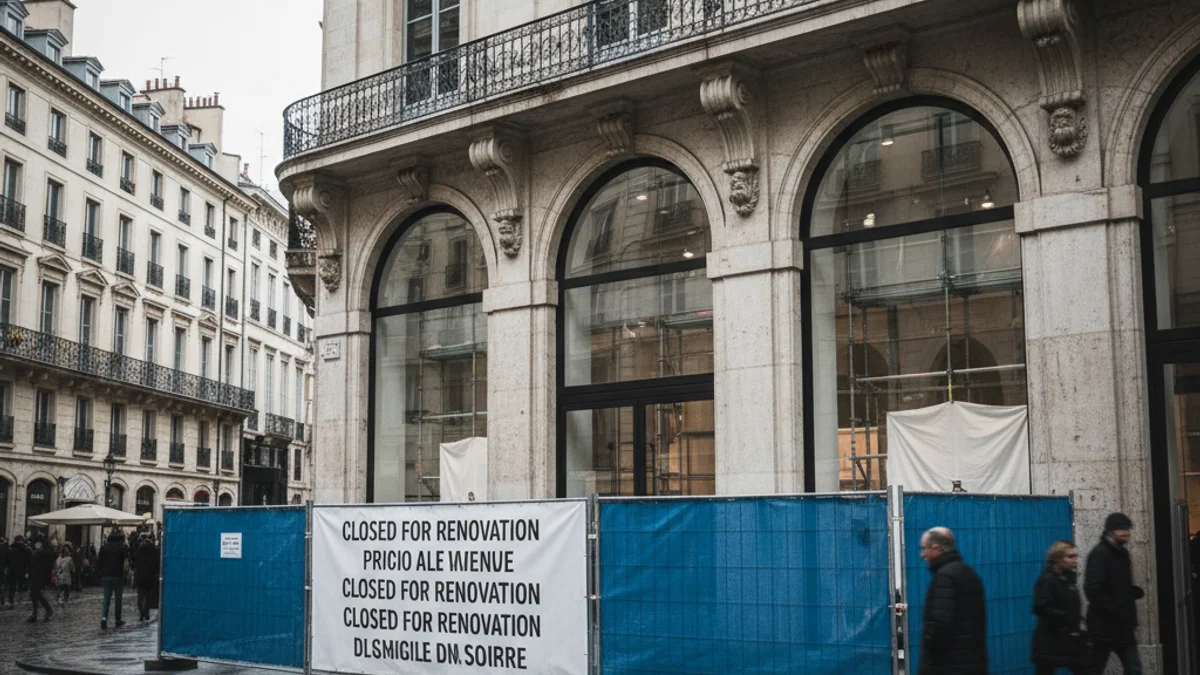 Entrada de una tienda de tecnología de grandes dimensiones con barreras temporales que indican cierre por obras.