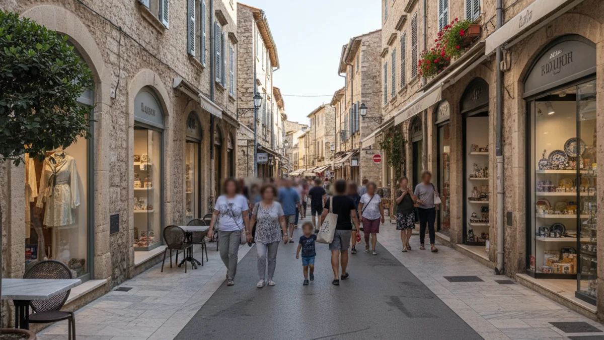 Una calle comercial con peatones y escaparates de tiendas locales.