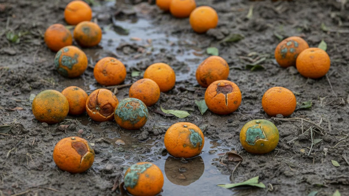 Clementinas podridas o caídas al suelo en un campo de cítricos después de un episodio de lluvias intensas.