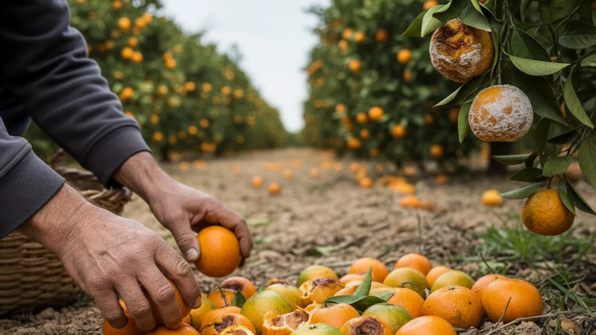 Imagen de una mano recogiendo clementinas caídas al suelo en una finca de las Terres de l'Ebre.
