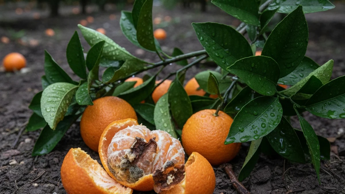 Imagen de una plantación de clementinas con fruta podrida en el suelo debido a las lluvias y la falta de venta.