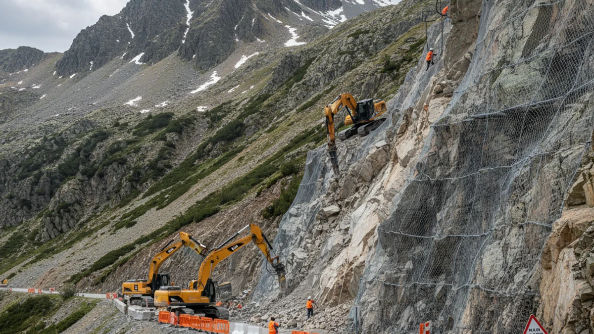 Maquinaria pesada trabajando en una ladera rocosa para estabilizar el terreno junto a una carretera de montaña cerrada.