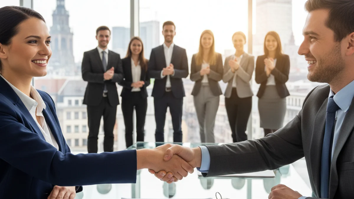Imagen genérica de dos personas firmando un acuerdo de traspaso de negocio en una oficina.