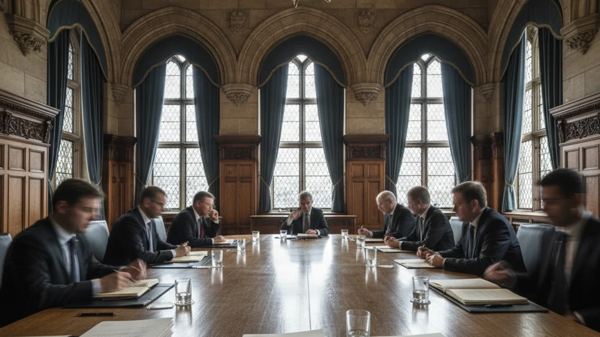 Representantes institucionales en una sala de reuniones oficial de un palacio histórico.
