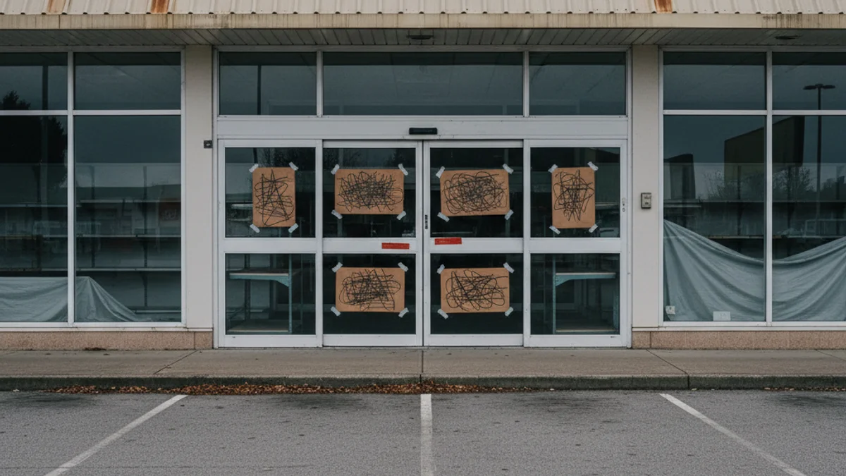 Fachada de una gran superficie comercial cerrada con carteles de aviso de liquidación o cierre.