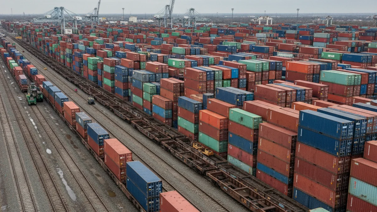Contenedores apilados en una terminal ferroviaria, simbolizando el cuello de botella de mercancías causado por la crisis de Rodalies.
