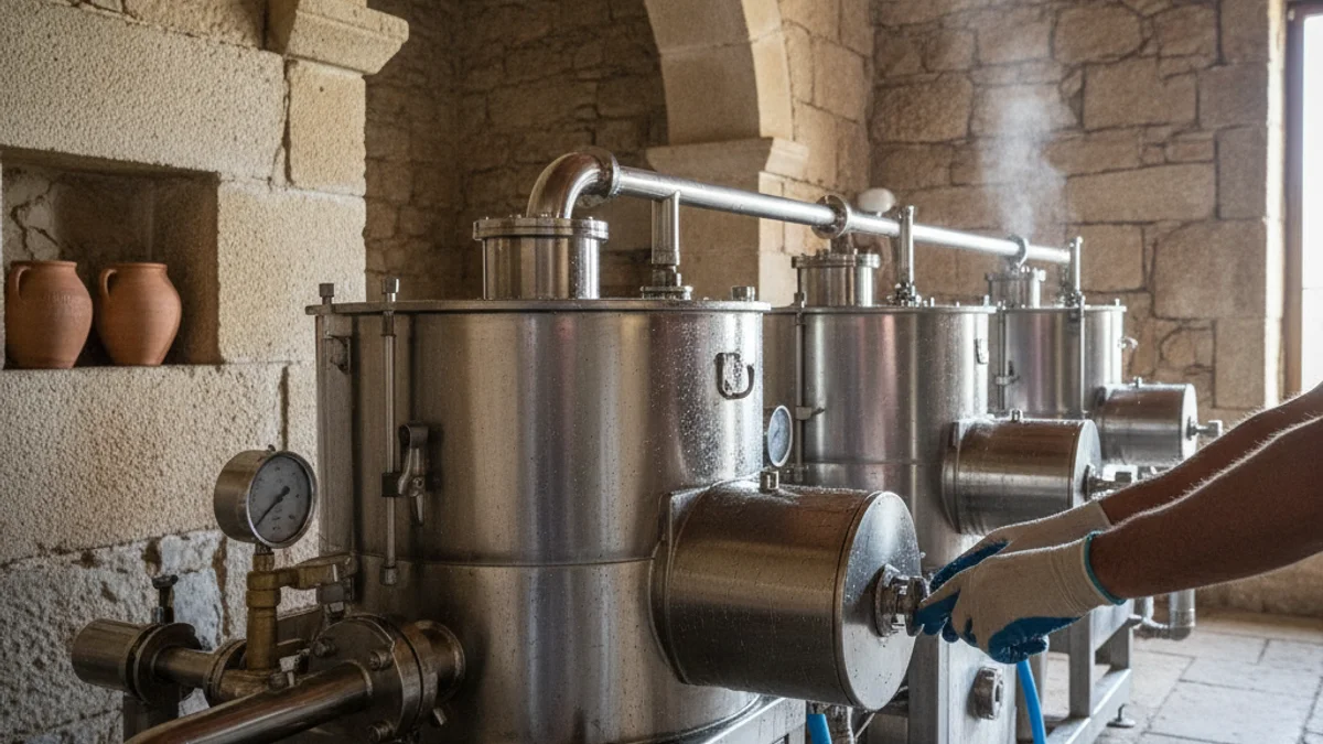 Maquinaria moderna de acero inoxidable para la producción de aceite de oliva en un molino tradicional del Pirineo.