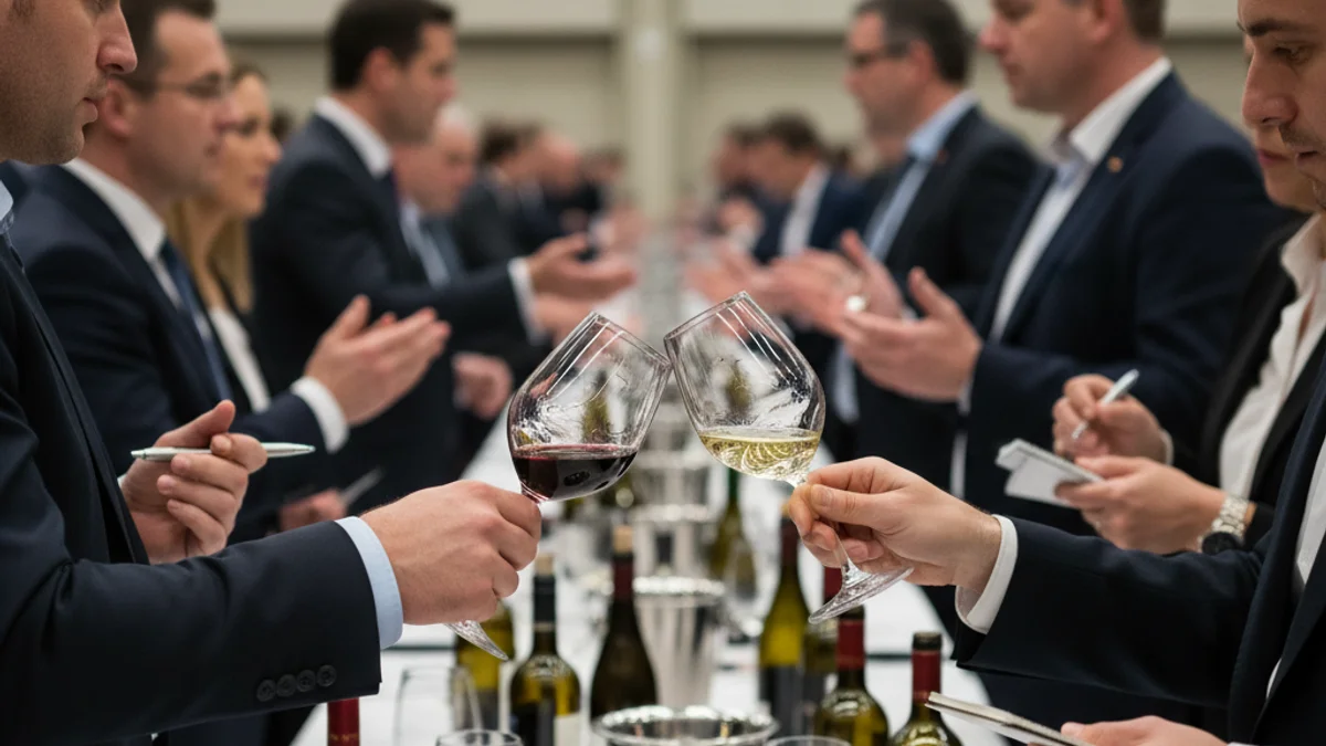 Detalle de copas de vino en una mesa de cata durante una feria profesional, con figuras borrosas al fondo.