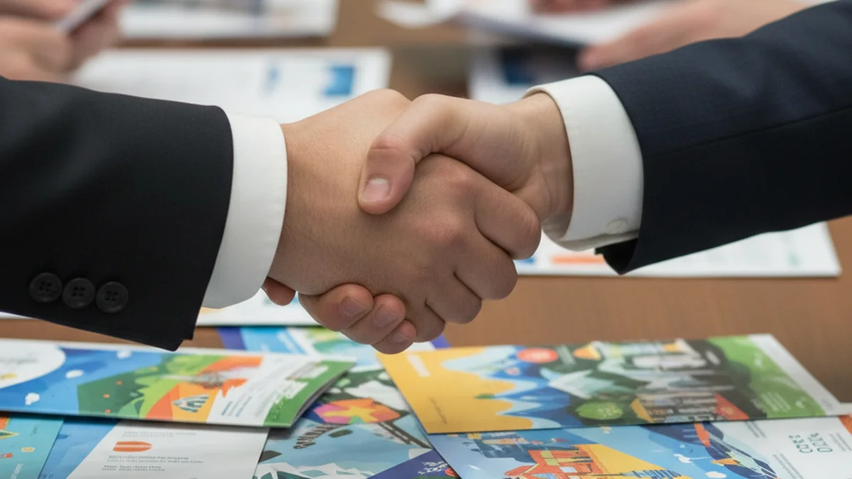 Imagen genérica de una feria de turismo, con profesionales intercambiando tarjetas o folletos.