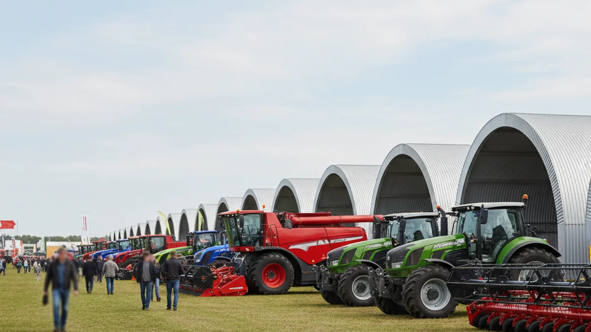 Vista general de una feria de maquinaria agrícola con tractores y pabellones de exposición.