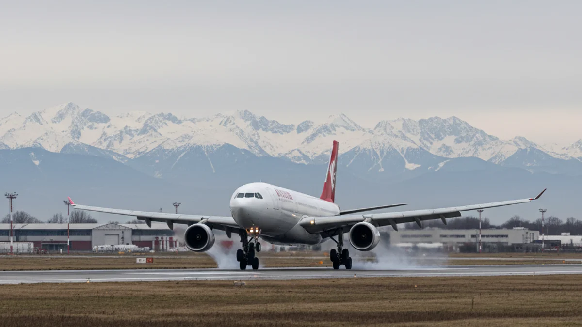 Imagen genérica de un avión aterrizando en una pista de aeropuerto con montañas nevadas al fondo, simbolizando los vuelos de esquiadores.