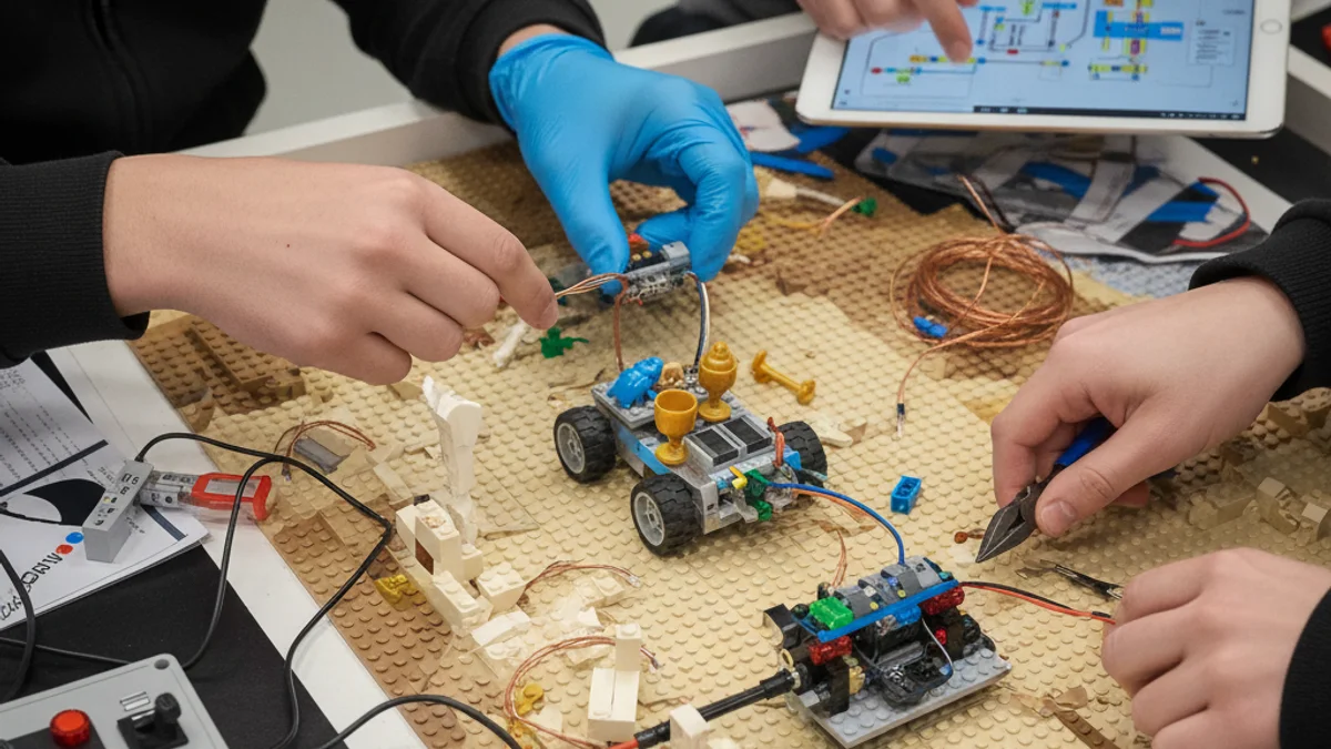 Jóvenes trabajando en equipos alrededor de una mesa de juego con piezas de robótica y un tablero temático de arqueología.