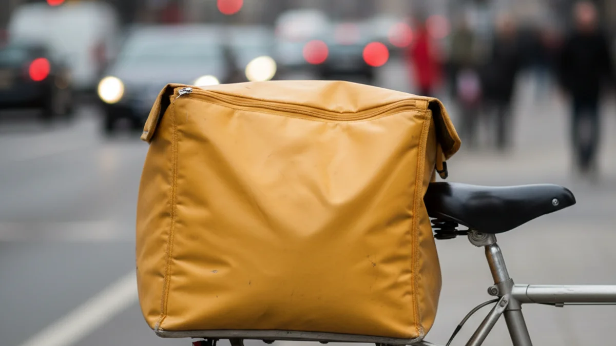 Imagen de una mochila de reparto de comida a domicilio en una calle de la ciudad.