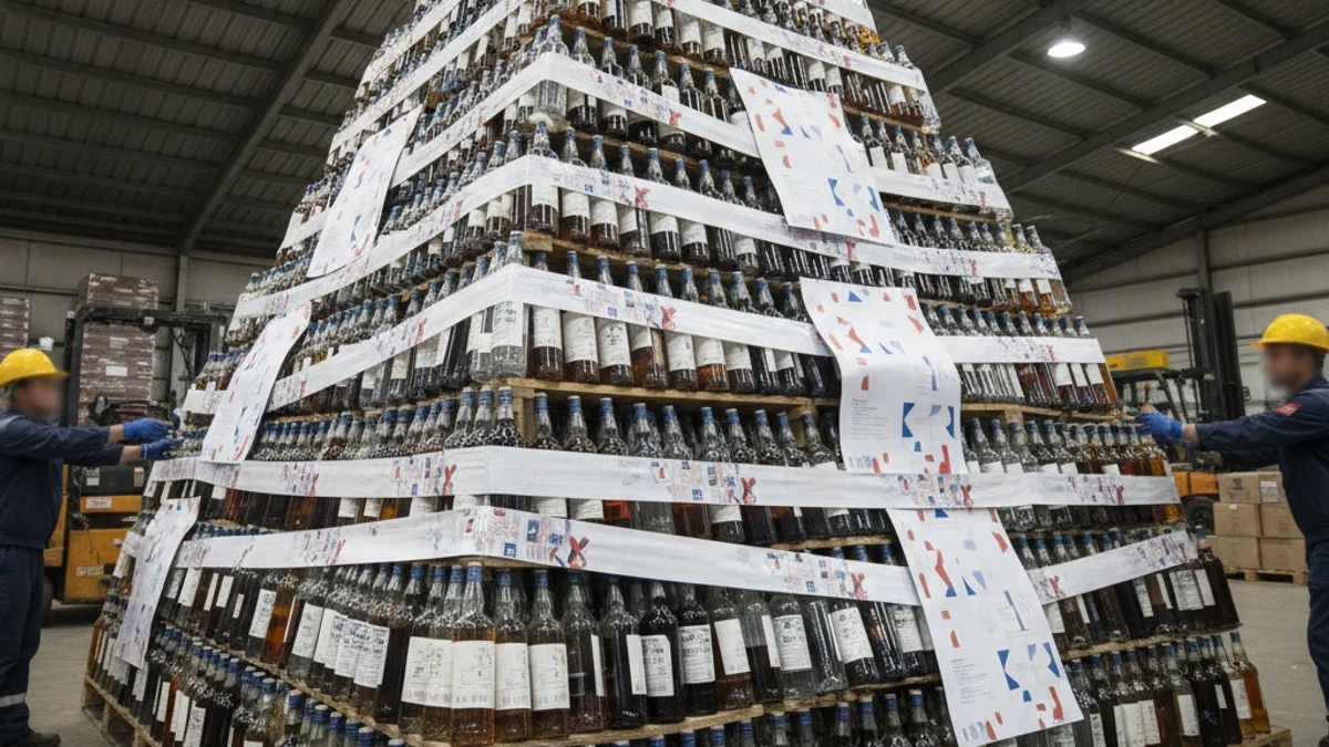 Botellas de licor de varias marcas apiladas en un almacén, con un sello de inmovilización policial.