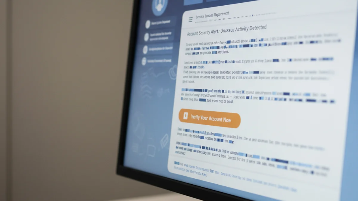 Representación visual de una ciberestafa, con un correo electrónico falso muy realista mostrado en una pantalla de ordenador.