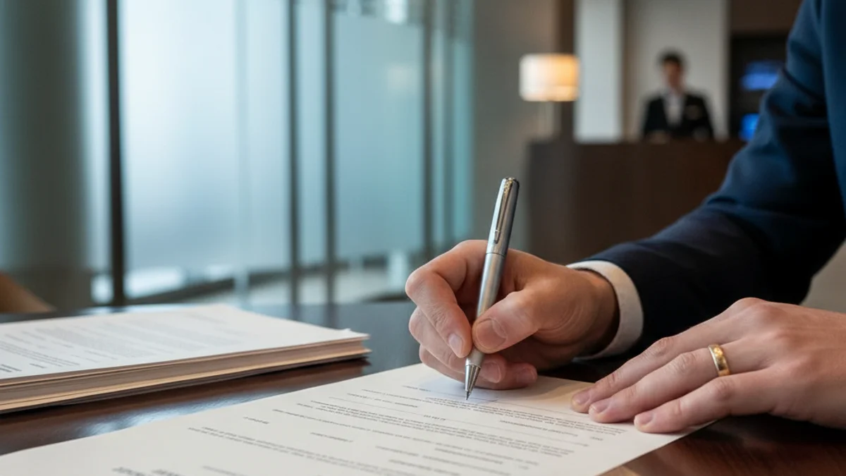 Una mano firmando documentos de compra en una mesa, con un fondo borroso de un hotel moderno.