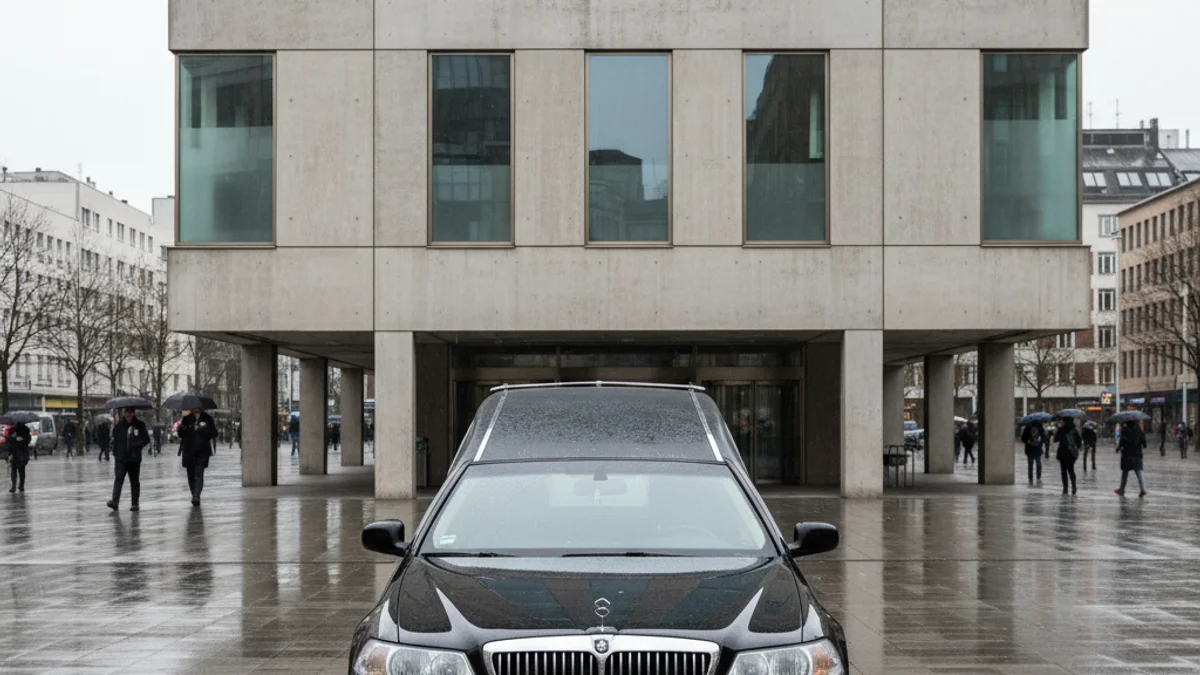 Imagen de un coche fúnebre negro estacionado frente a un edificio municipal moderno bajo un cielo despejado.