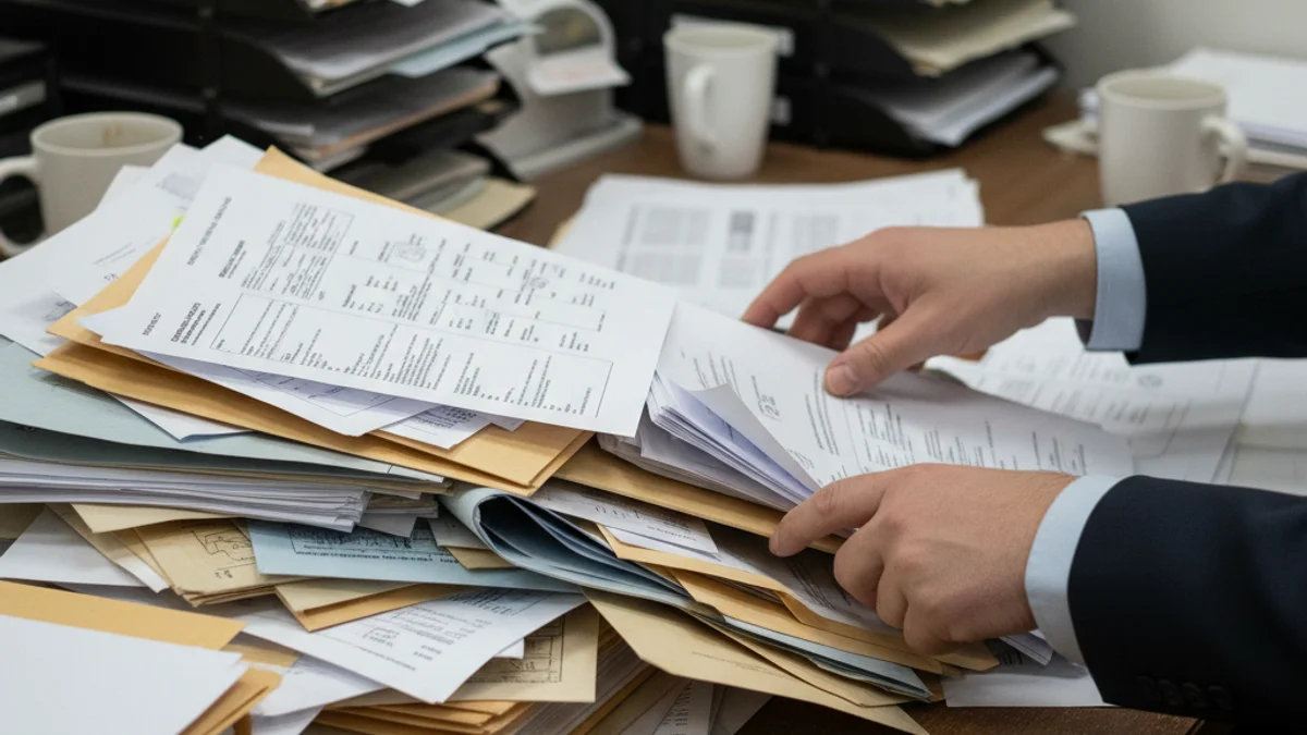 Imagen conceptual que representa la burocracia, con pilas de documentos o un ordenador con gráficos económicos.