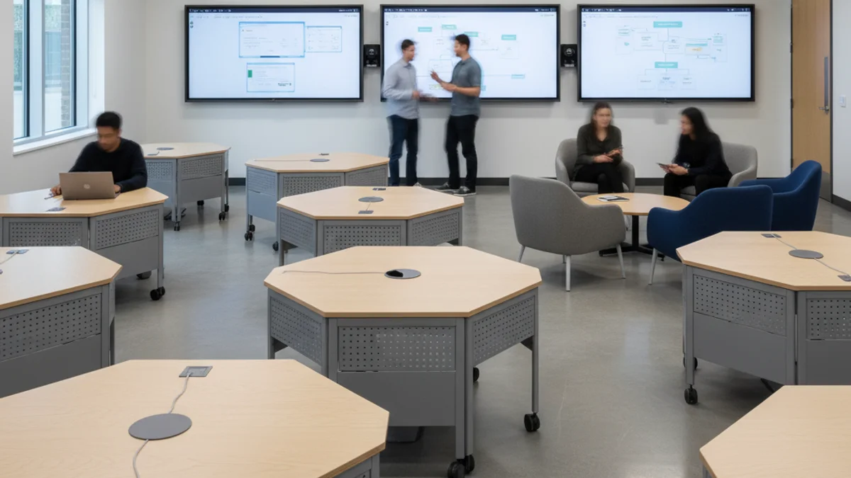 Vista de un espacio de estudio moderno y diáfano en una escuela de negocios, con mobiliario móvil y una zona de descanso.