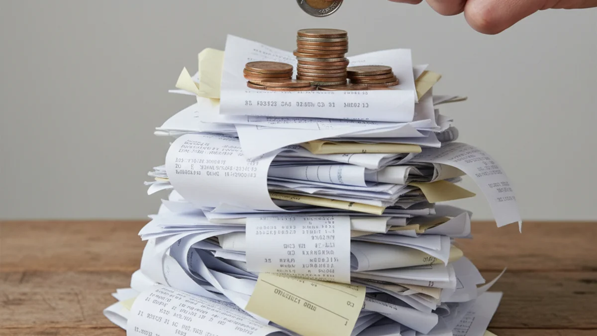 Una mano colocando monedas sobre una pila de facturas o recibos, simbolizando un impuesto o una tasa fiscal.