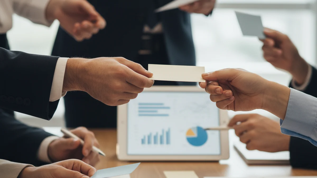 Representación genérica de una reunión de networking empresarial o intercambio de tarjetas de visita.