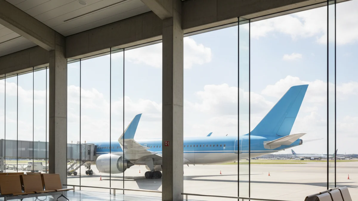 Imagen de un avión comercial en la pista de despegue de un aeropuerto internacional.