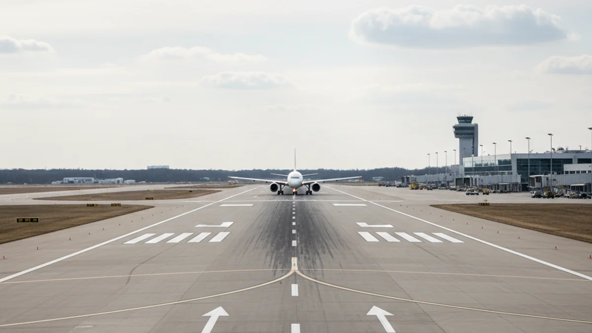 Vista de la pista de despegue de un aeropuerto comercial con un avión al fondo.