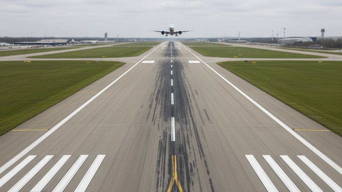 Vista general de la pista de despegue de un aeropuerto con un avión comercial al fondo.