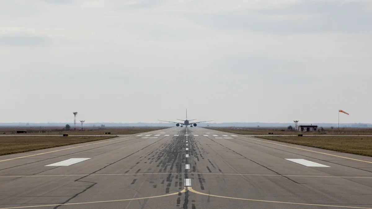 Vista aérea de una pista de aterrizaje de aeropuerto con un avión comercial al fondo.
