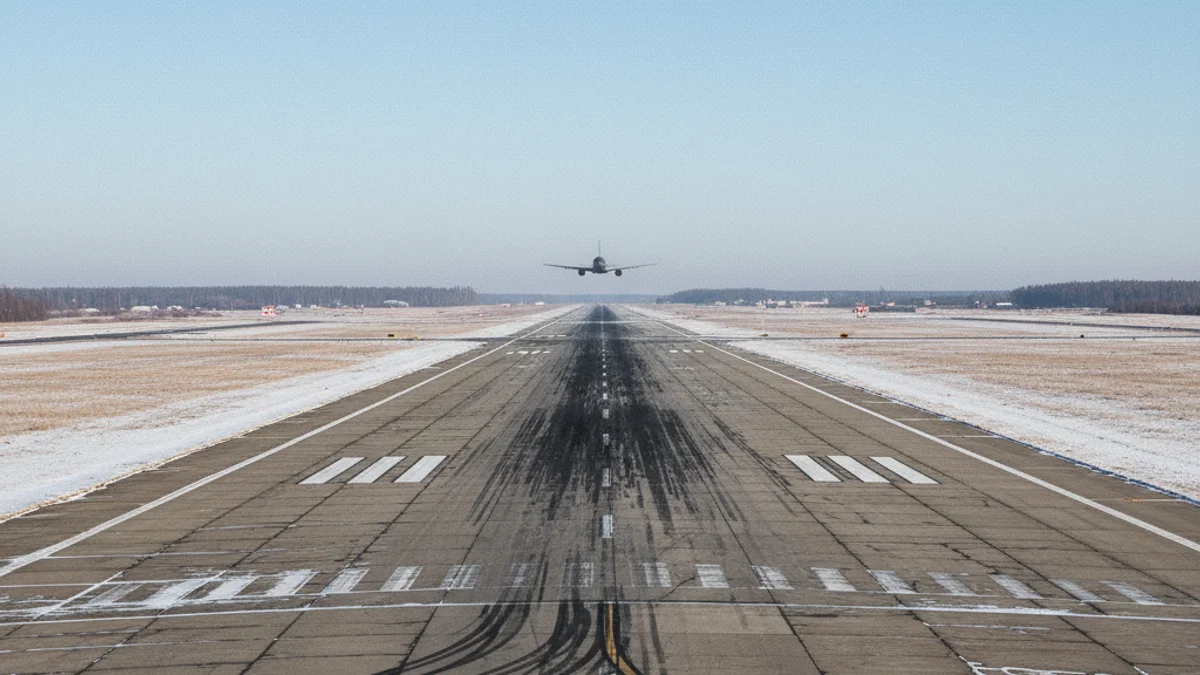 Vista general de la pista de despegue de un aeropuerto con un avión al fondo.
