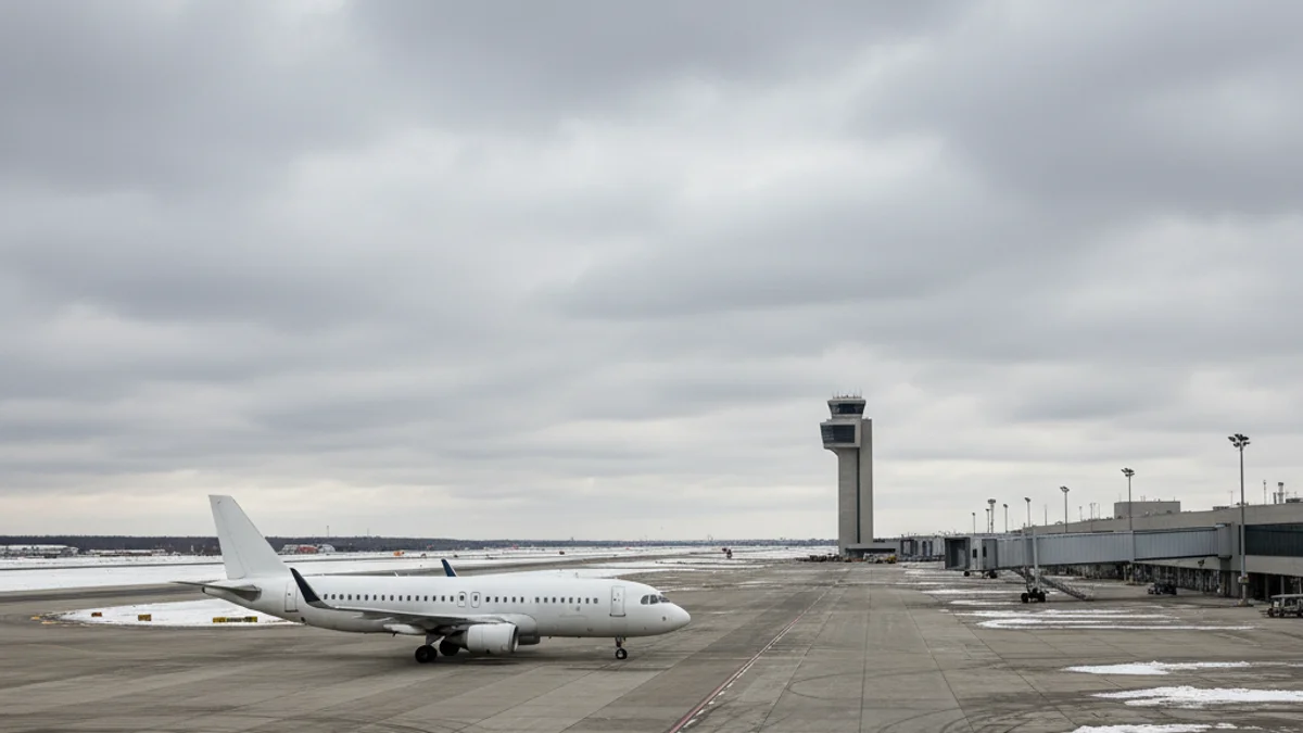 Vista general de la pista de un aeropuerto con un avión comercial estacionado.